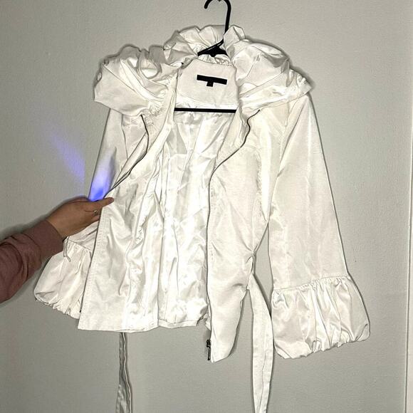 Blaque Label Zip Front Belted Bubble Cuff Collared Ivory Jacket Medium - Picture 6 of 12